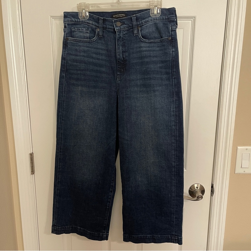 Banana Republic Premium Denim High Rise Wide Leg Crop Jeans Size 31 P Dark Blue